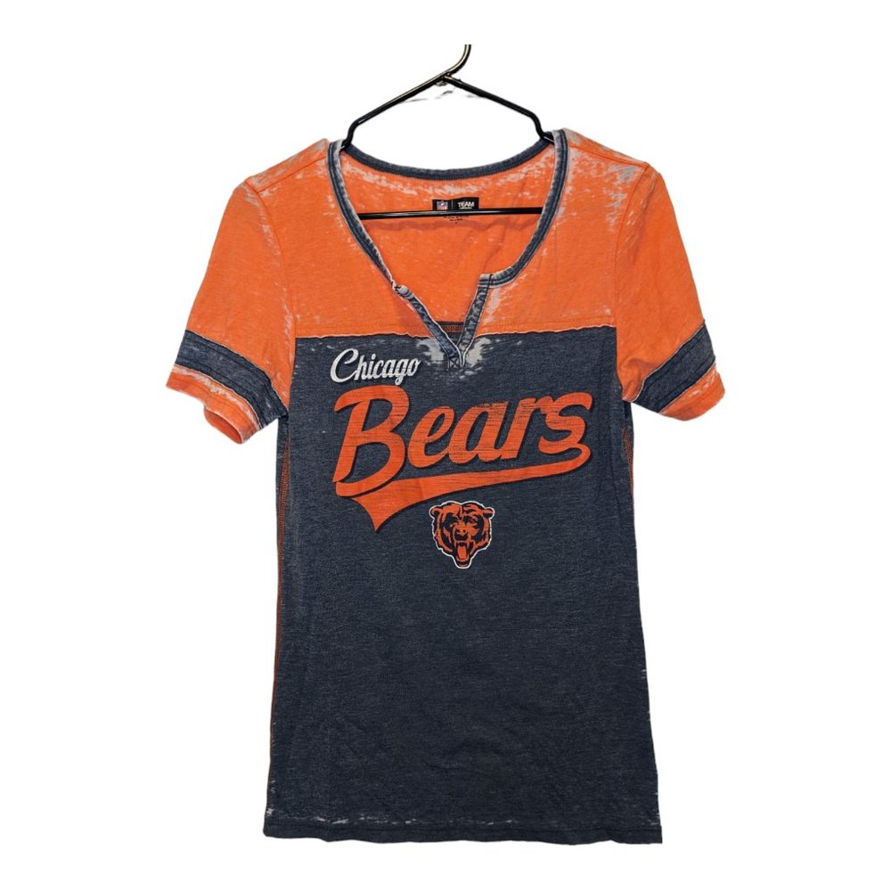 NFL Team Apparel Women's Chicago Bears T-Shirt Gray Orange V-Neck Size S.